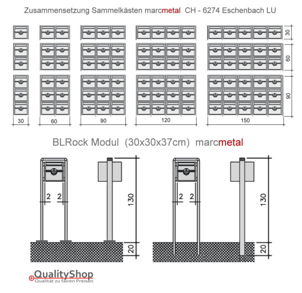 Briefkasten BLRock Standard mit Stützen zum Einbetonieren